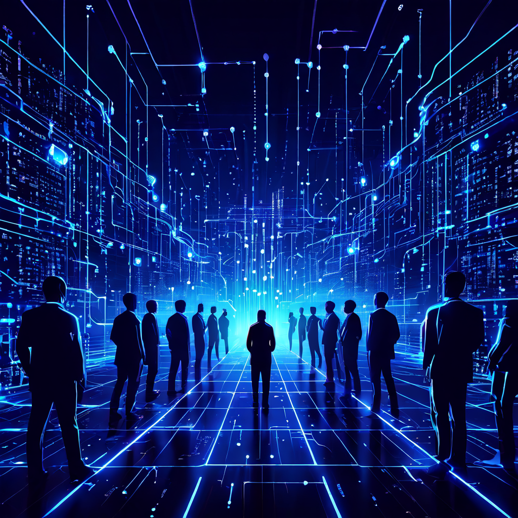 어두운 배경 속 중심점에서 뻗어 나가는 빛나는 데이터 선들이 복잡하게 얽혀 여론 조작을 묘사한 일러스트이다