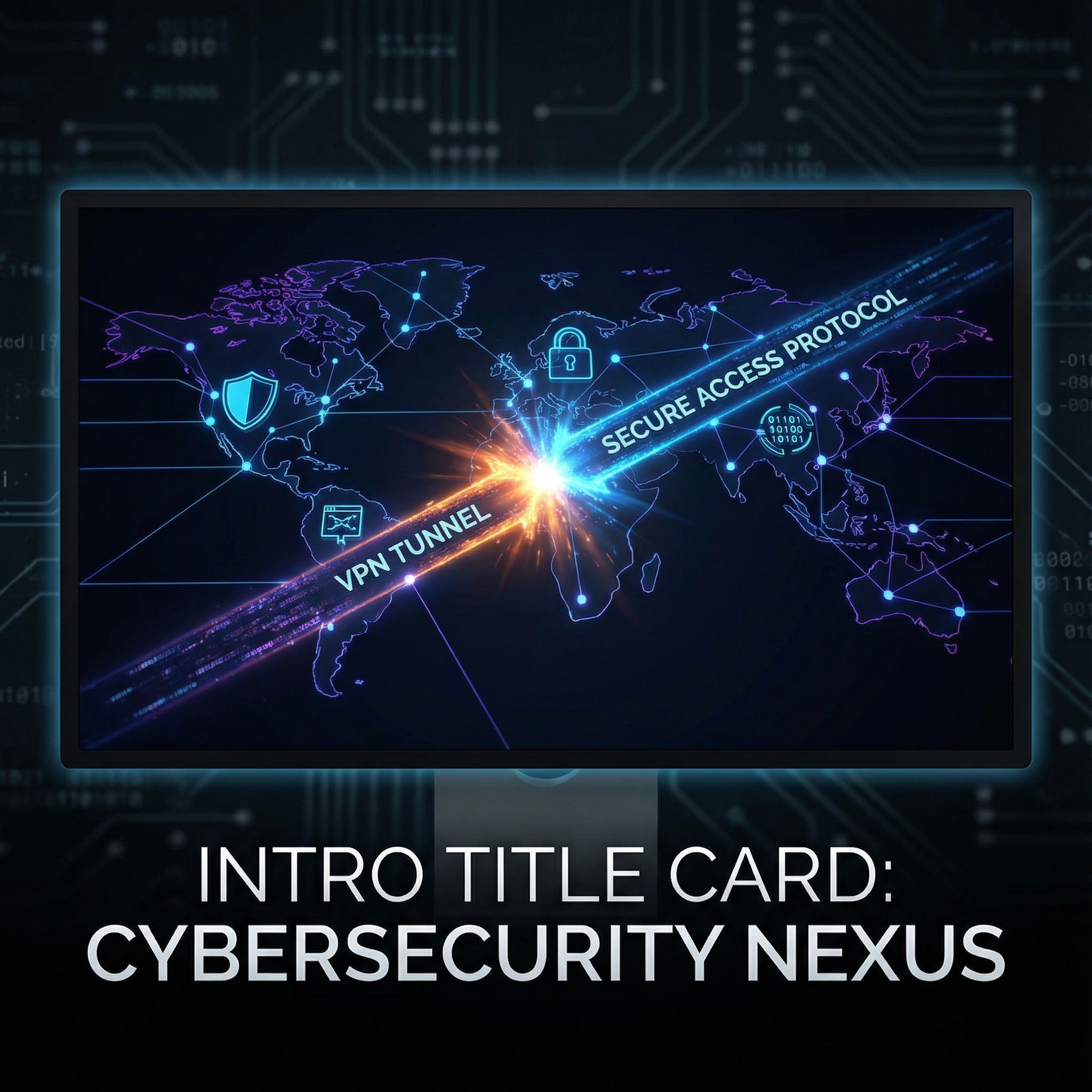 어두운 기술 배경에 빛나는 VPN 터널과 보안 악수가 충돌하는 인포그래픽 모습이다