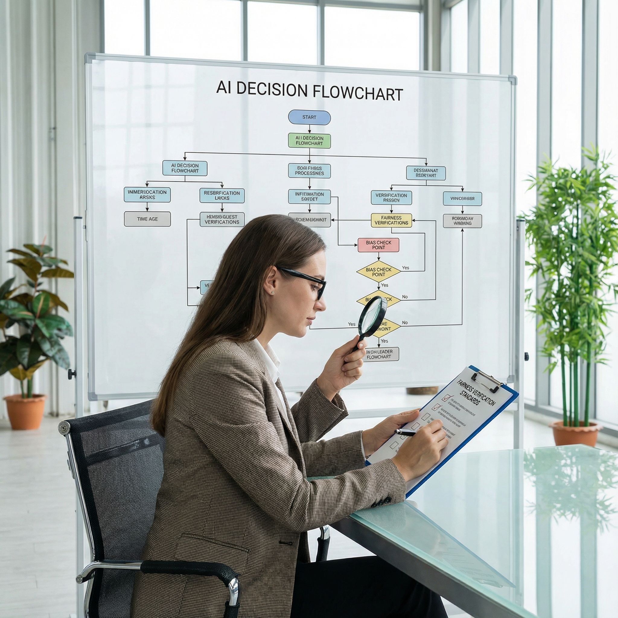 밝은 현대식 사무실에서 감사원이 체크리스트와 돋보기로 AI 흐름도를 검토하는 모습이다