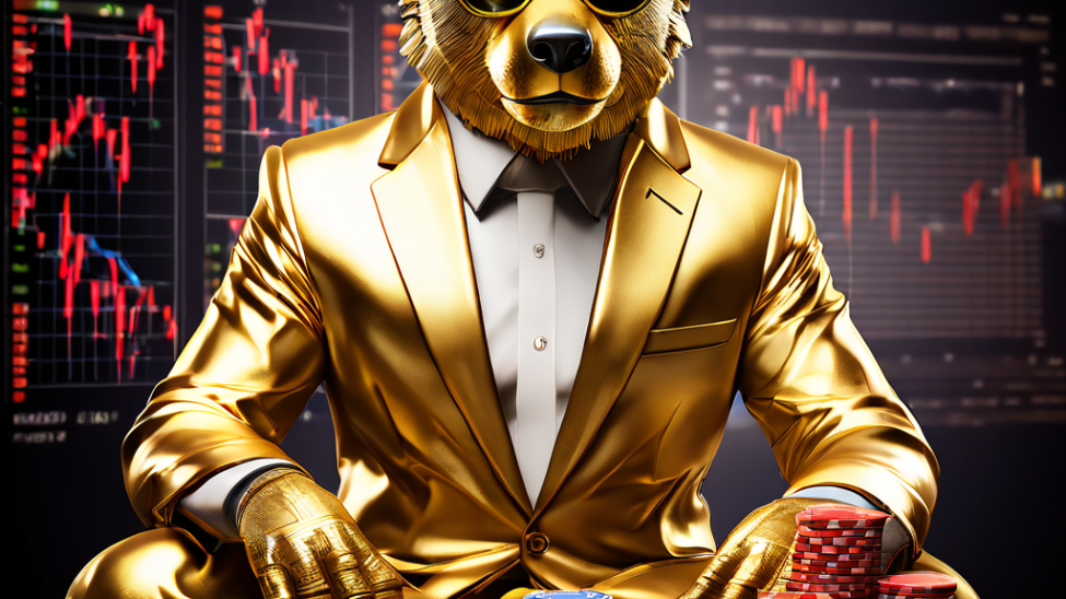 주식 그래프와 칩을 배경으로 밈 캐릭터가 진지한 황금빛 금융 아이콘으로 변하는 모습이다
