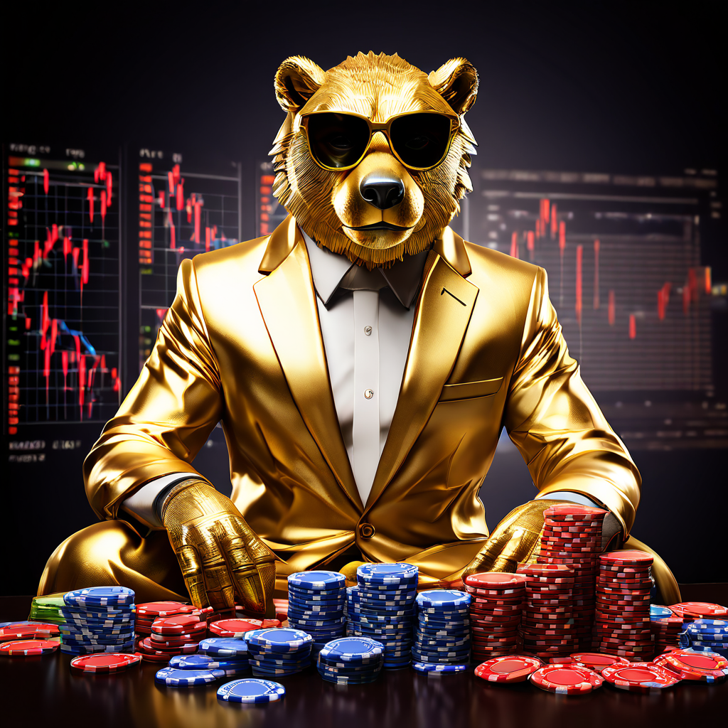 주식 그래프와 칩을 배경으로 밈 캐릭터가 진지한 황금빛 금융 아이콘으로 변하는 모습이다