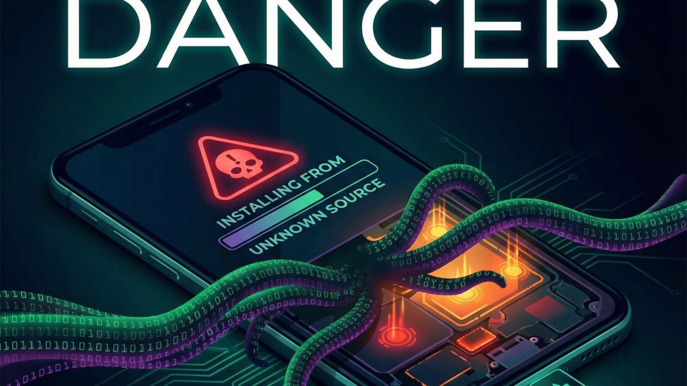 어두운 배경에 스마트폰과 설치 아이콘, 붉은 경고빛과 퍼지는 바이러스 코드가 대비된 모습이다