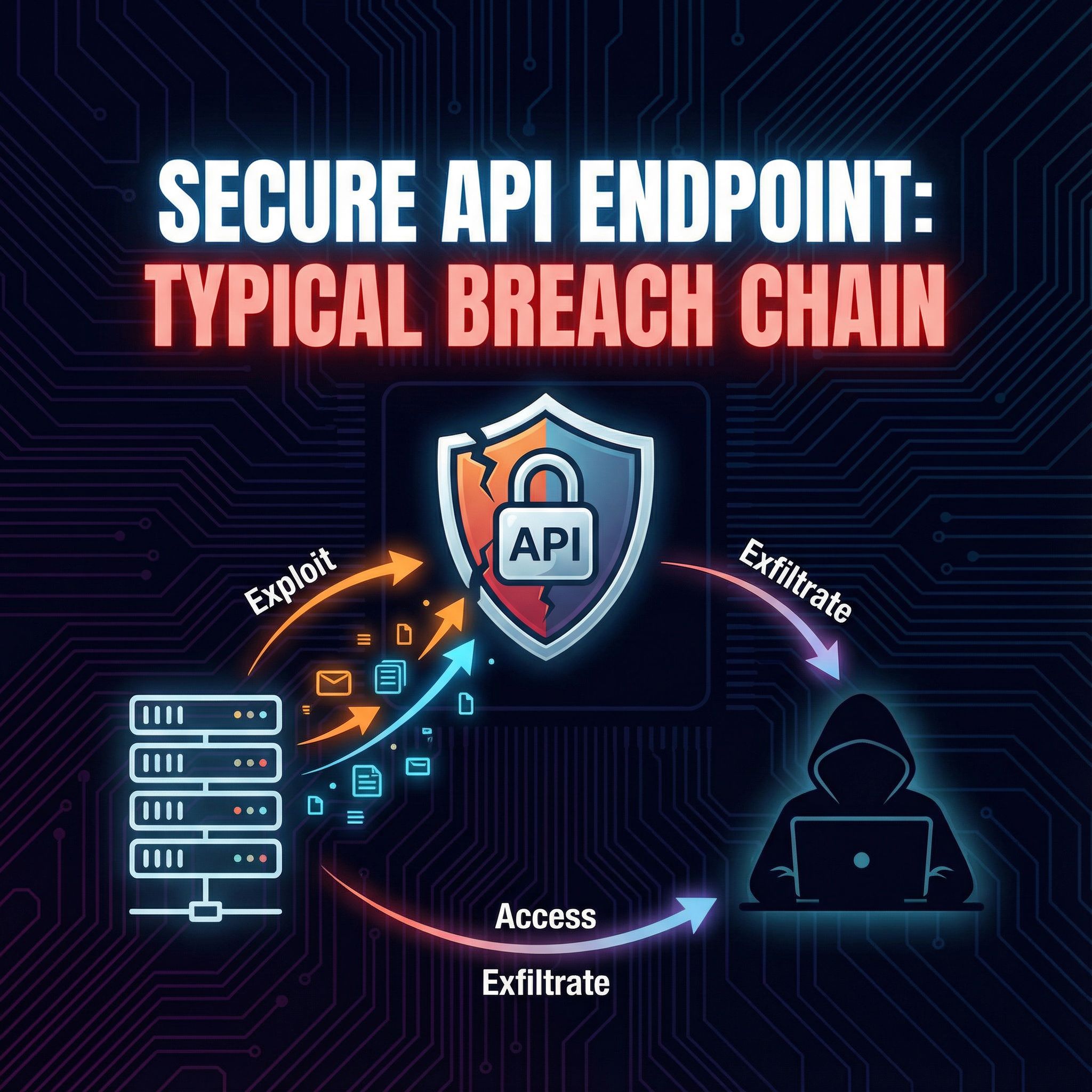 어두운 사이버 배경에 금간 API 아이콘, 서버 데이터가 해커 실루엣으로 화살표로 새는 모습이다