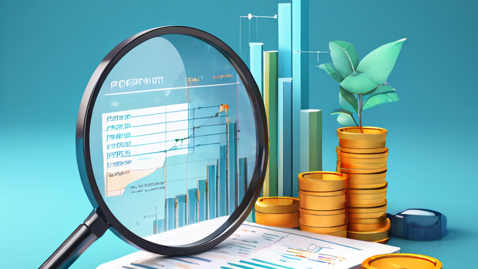 수익 차트와 돋보기가 놓인 체크리스트를 입체적으로 연결하여 이익과 검증의 관계를 표현한 3D 이미지이다