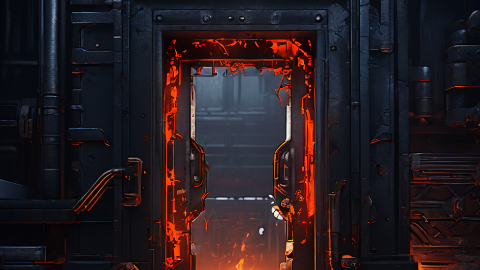 따뜻한 문패 뒤로 차갑고 복잡한 회색빛 산업 구조물이 드러난 초현실적인 모습이다