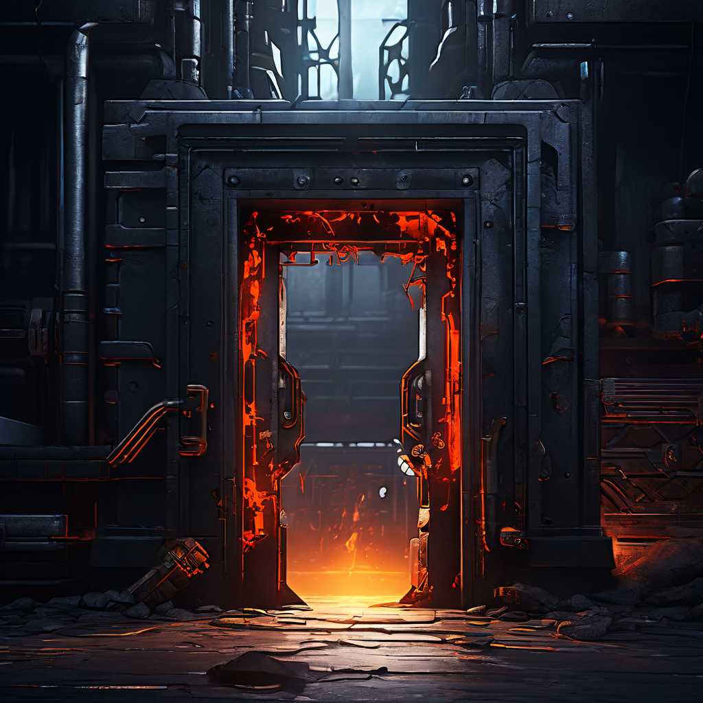 따뜻한 문패 뒤로 차갑고 복잡한 회색빛 산업 구조물이 드러난 초현실적인 모습이다