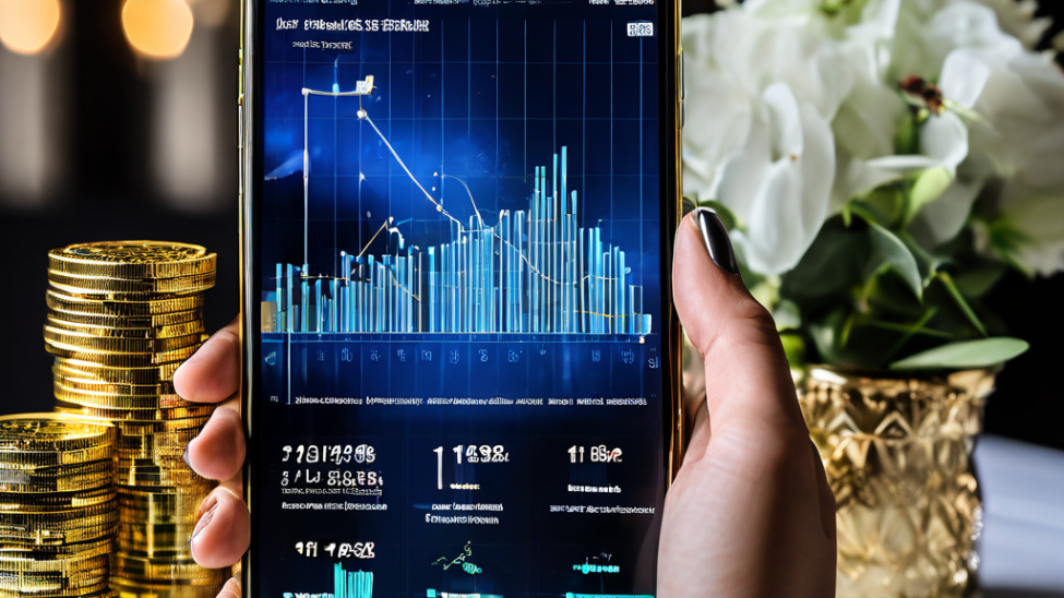 스마트폰 화면 속 화려한 일상 사진과 금융 그래프가 뒤섞여 유명세와 투자의 연결성을 묘사한 모습이다