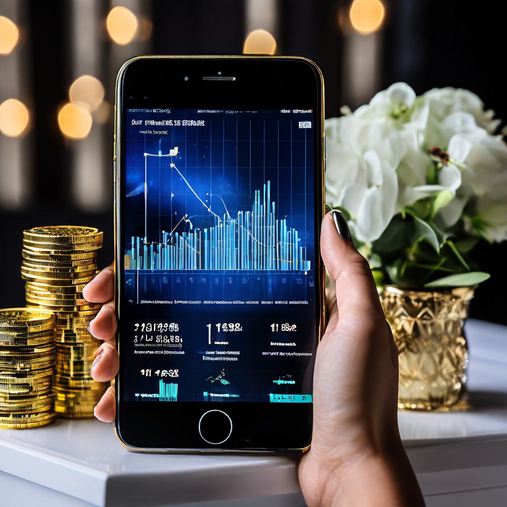 스마트폰 화면 속 화려한 일상 사진과 금융 그래프가 뒤섞여 유명세와 투자의 연결성을 묘사한 모습이다