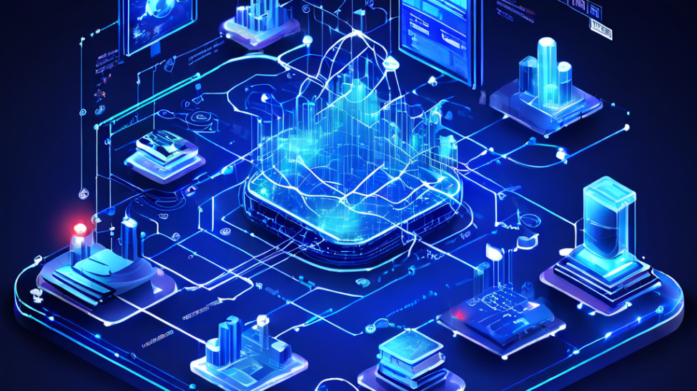 푸른색 디지털 청사진 위 빛나는 데이터와 차트가 연결된 구조를 돋보기가 비추는 하이테크 모습이다