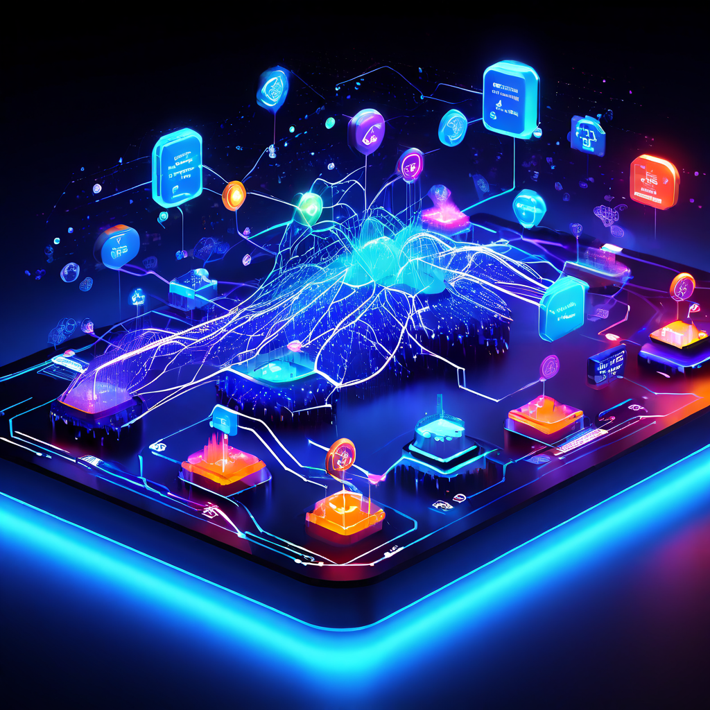 빛나는 점과 선이 연결된 입체적 대시보드가 활발한 네트워크 활동과 에너지의 흐름을 표현한 이미지이다