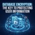 어두운 배경에 자물쇠 덮인 데이터베이스 원통과 이진코드 방패가 보안선을 표현한 모습이다