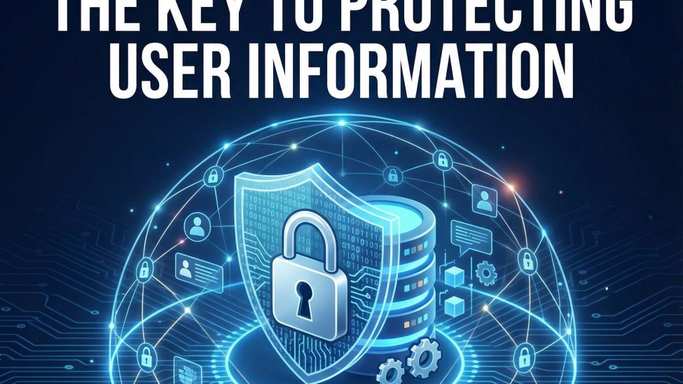 어두운 배경에 자물쇠 덮인 데이터베이스 원통과 이진코드 방패가 보안선을 표현한 모습이다