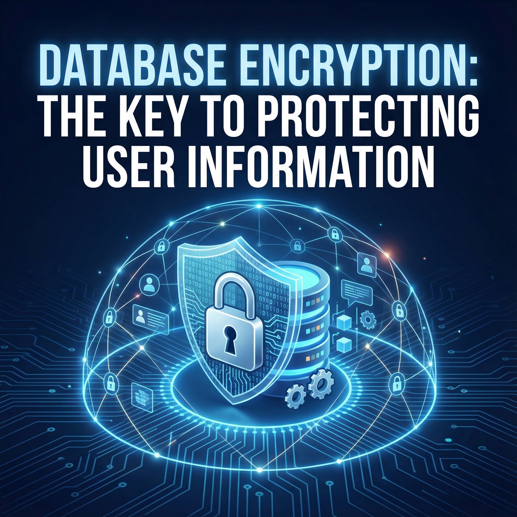 어두운 배경에 자물쇠 덮인 데이터베이스 원통과 이진코드 방패가 보안선을 표현한 모습이다