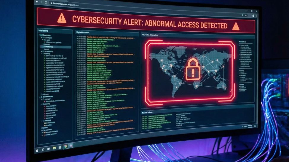 어두운 대시보드에 WAF 로그가 흐르고, 비정상 접근 경보가 붉게 강조된 모습이다