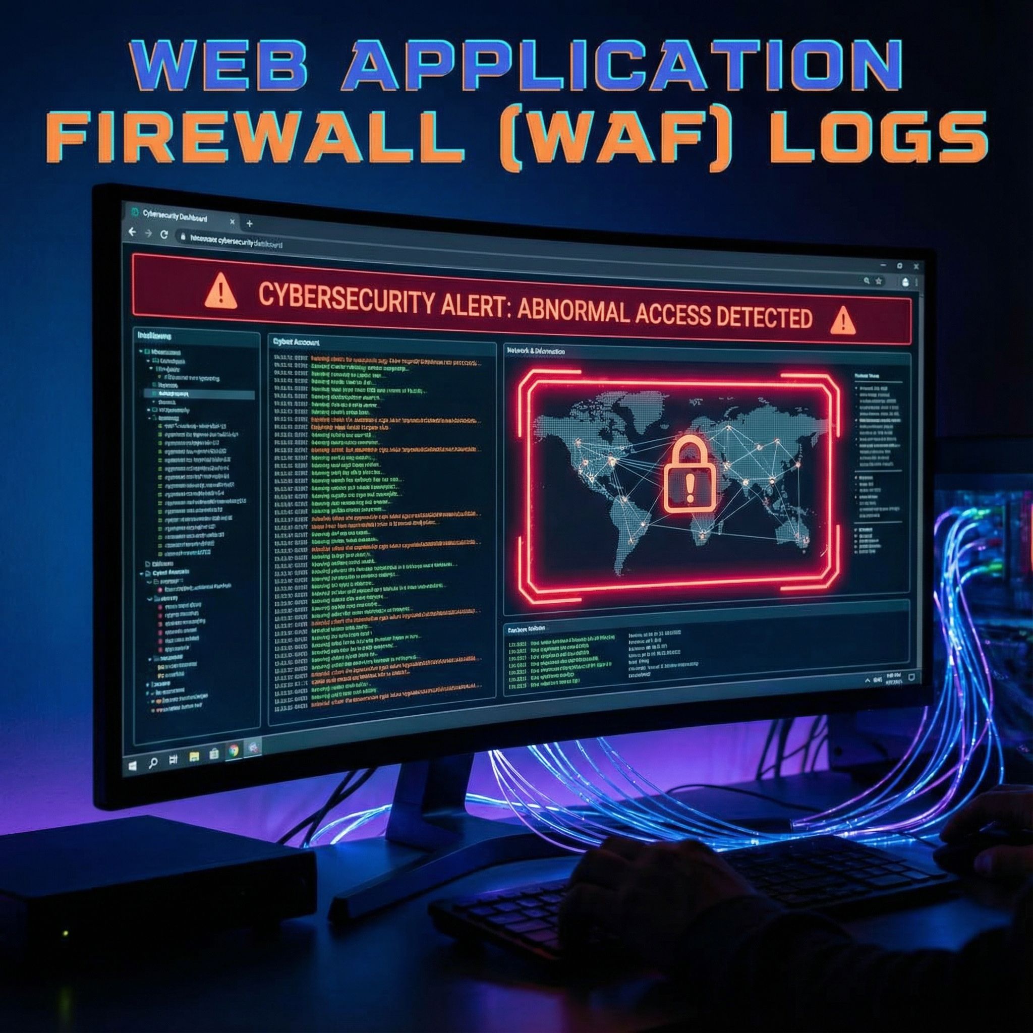 어두운 대시보드에 WAF 로그가 흐르고, 비정상 접근 경보가 붉게 강조된 모습이다