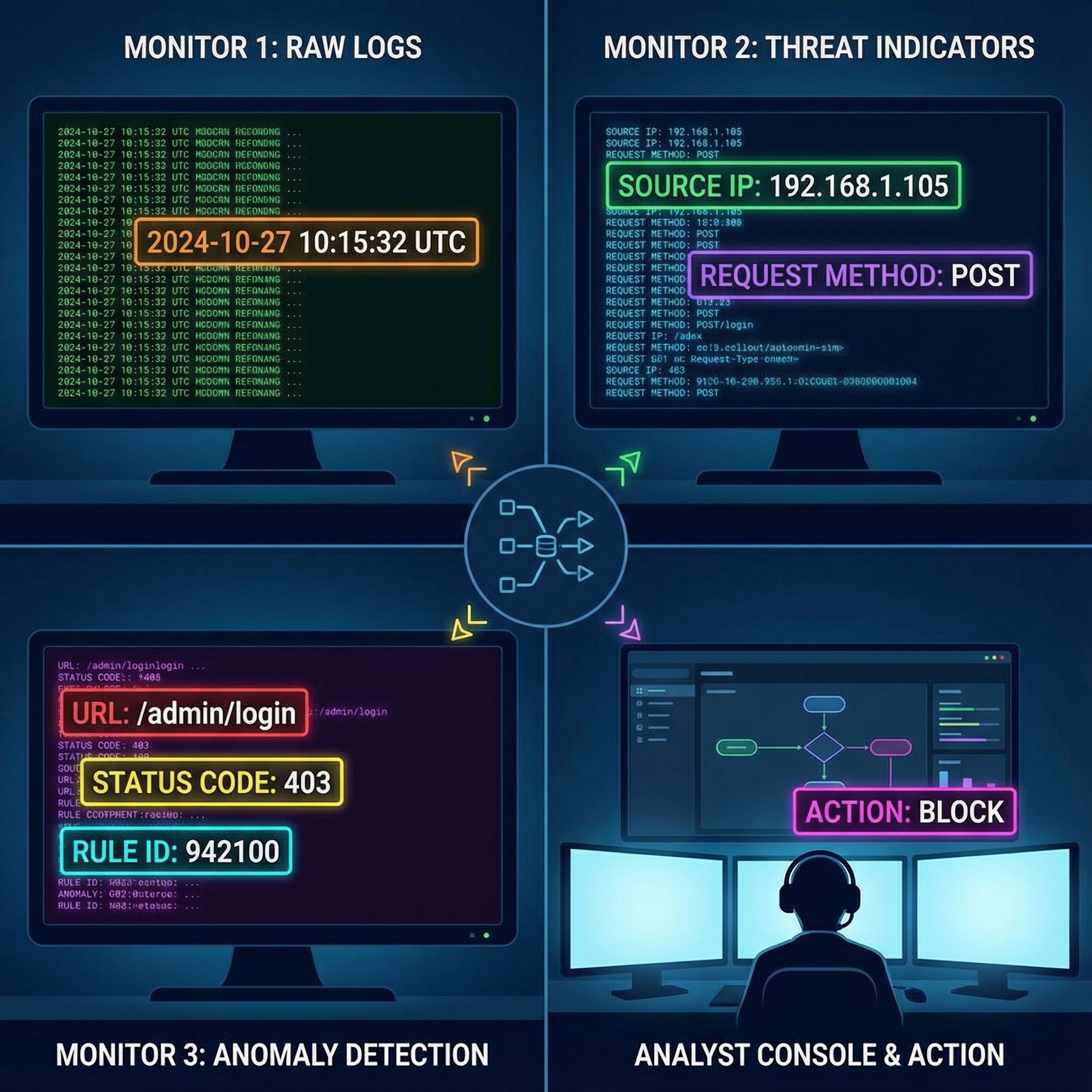 어두운 UI의 여러 모니터에 WAF 로그가 뜨고 핵심 항목이 강조된 모습이다