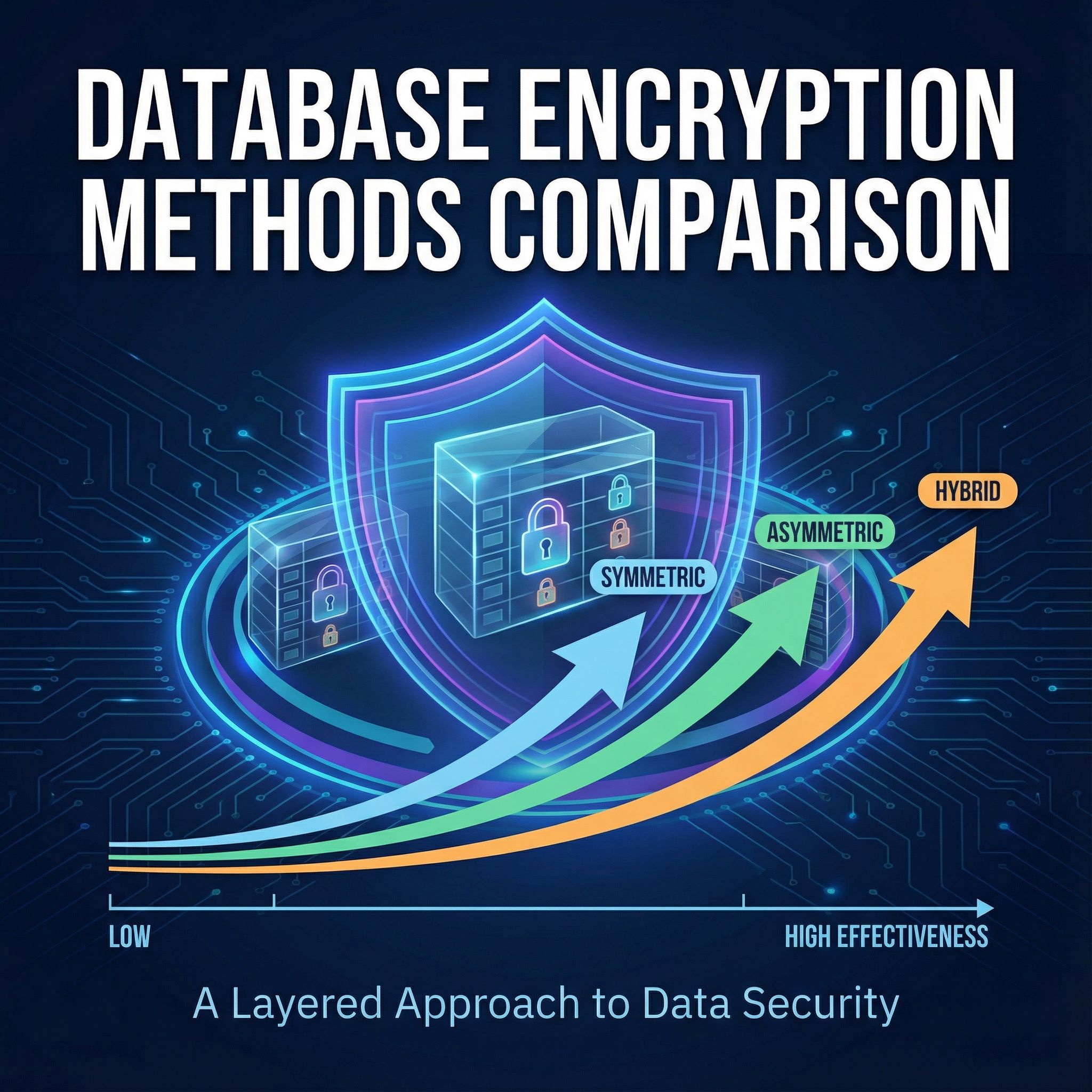 어두운 남색 배경에 데이터표와 자물쇠, 겹겹 방패, 화살표로 암호화 비교한 모습이다