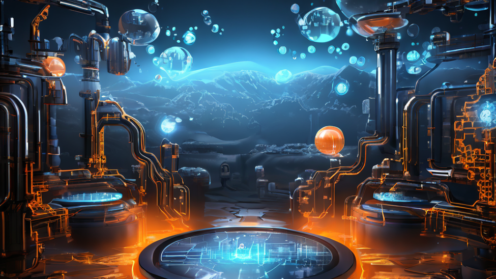 빛나는 말풍선 아래로 복잡한 톱니바퀴와 데이터 흐름이 투영되어 보이는 미래적인 채팅 화면의 모습이다.