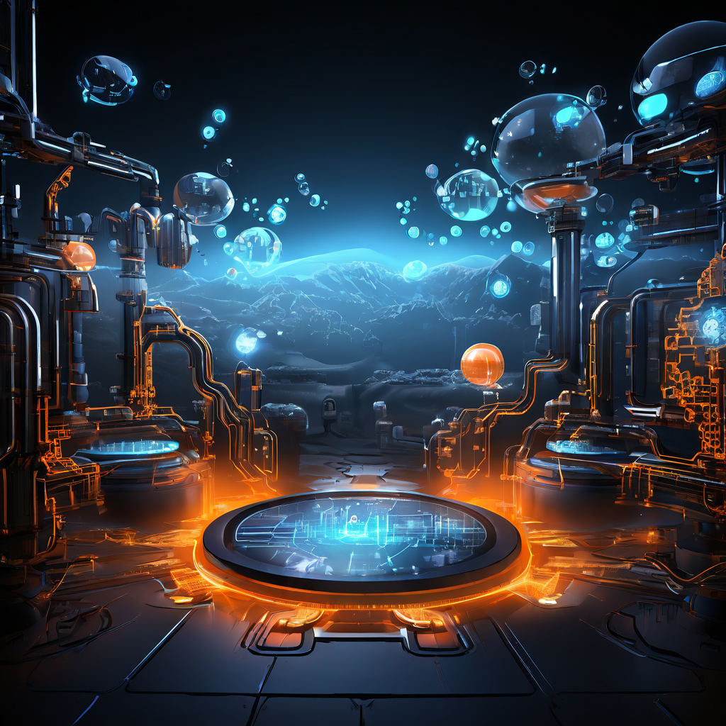 빛나는 말풍선 아래로 복잡한 톱니바퀴와 데이터 흐름이 투영되어 보이는 미래적인 채팅 화면의 모습이다.