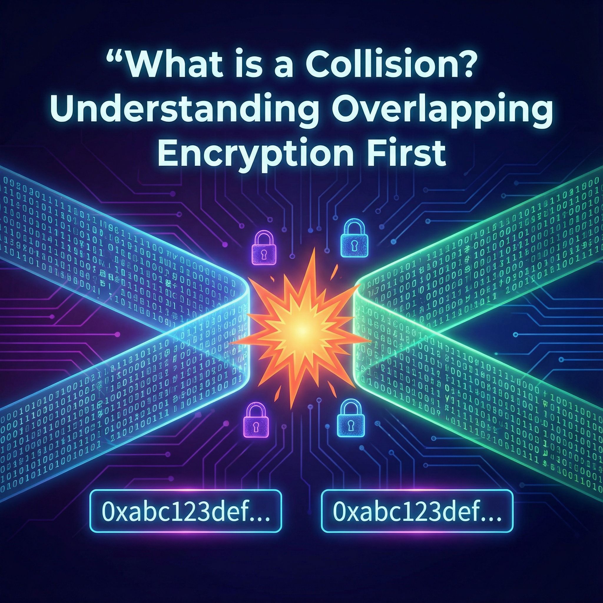 푸른 배경에 두 암호화 데이터 흐름이 겹쳐 충돌하고, 동일 해시와 빛나는 자물쇠가 보이는 모습이다