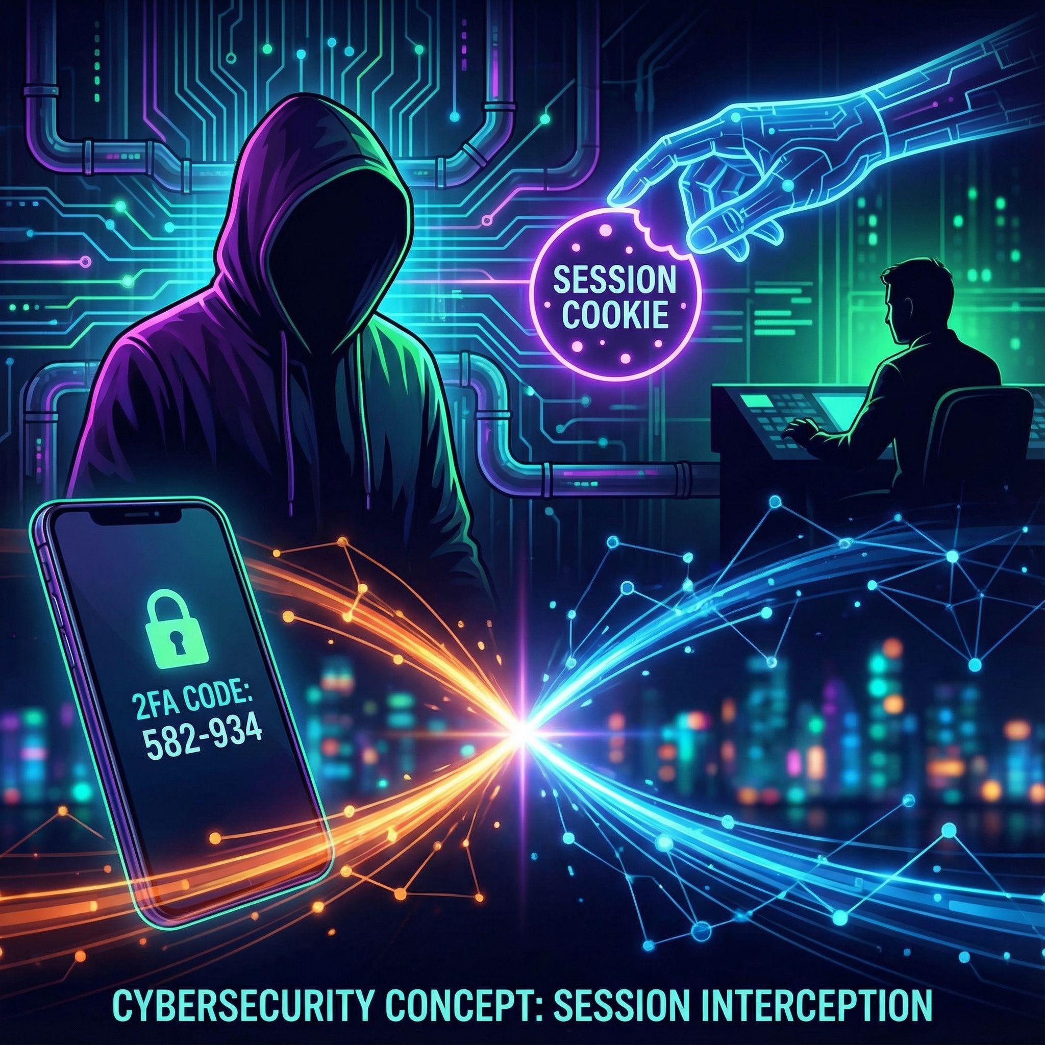 어두운 네온 네트워크 배경에 해커와 스마트폰, 2단계 코드와 쿠키 탈취 광선이 교차한 모습이다