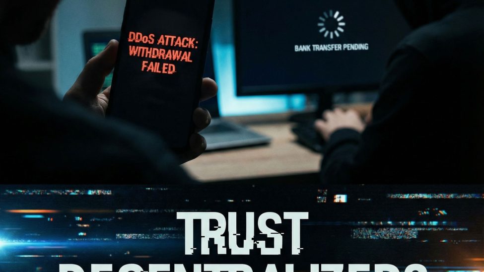 어두운 테크 배경에 글리치가 번쩍이고, 경고 뜬 스마트폰과 대기 중 송금 화면 앞 답답한 사람들이 서