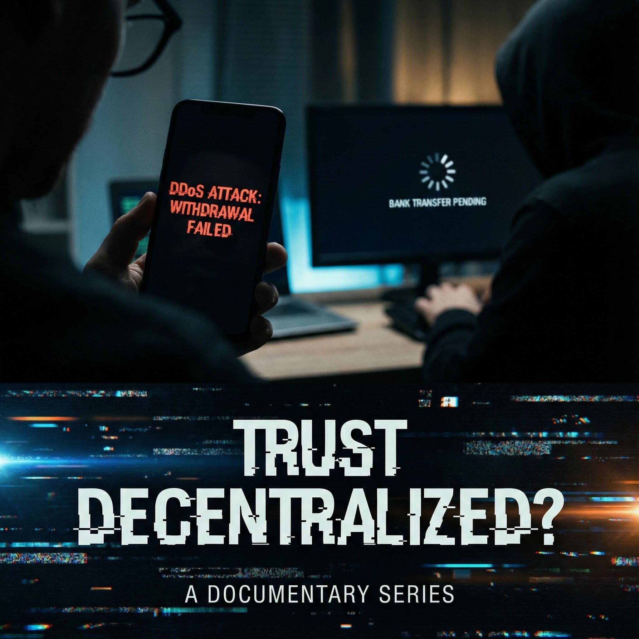 1번 alt
어두운 공간에서 스마트폰에 디도스 공격으로 출금 실패 문구가 표시되고 모니터에는 송금 대기 화면이 떠 신뢰와 탈중앙화에 대한 의문을 던지는 상황이다