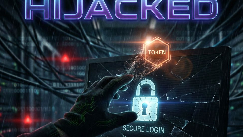 어두운 사이버 화면의 로그인창에서 그림자 손이 빛나는 토큰을 훔치고, 깨진 자물쇠 아이콘이 대비되는 모습이다