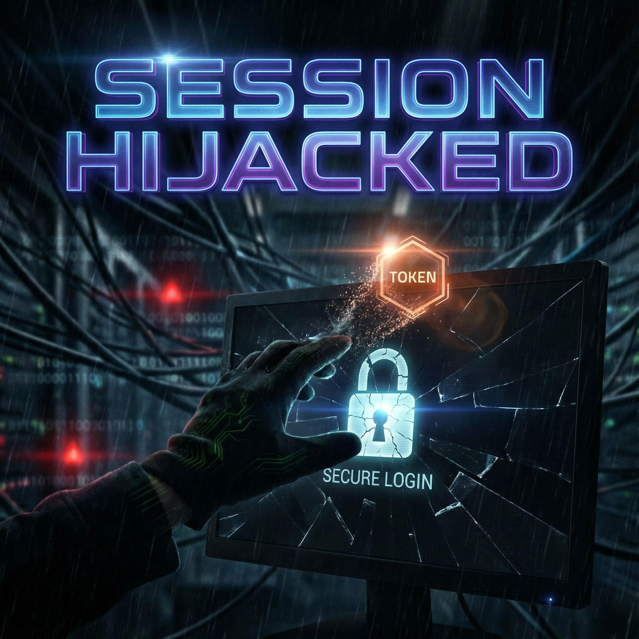 어두운 사이버 화면의 로그인창에서 그림자 손이 빛나는 토큰을 훔치고, 깨진 자물쇠 아이콘이 대비되는 모습이다
