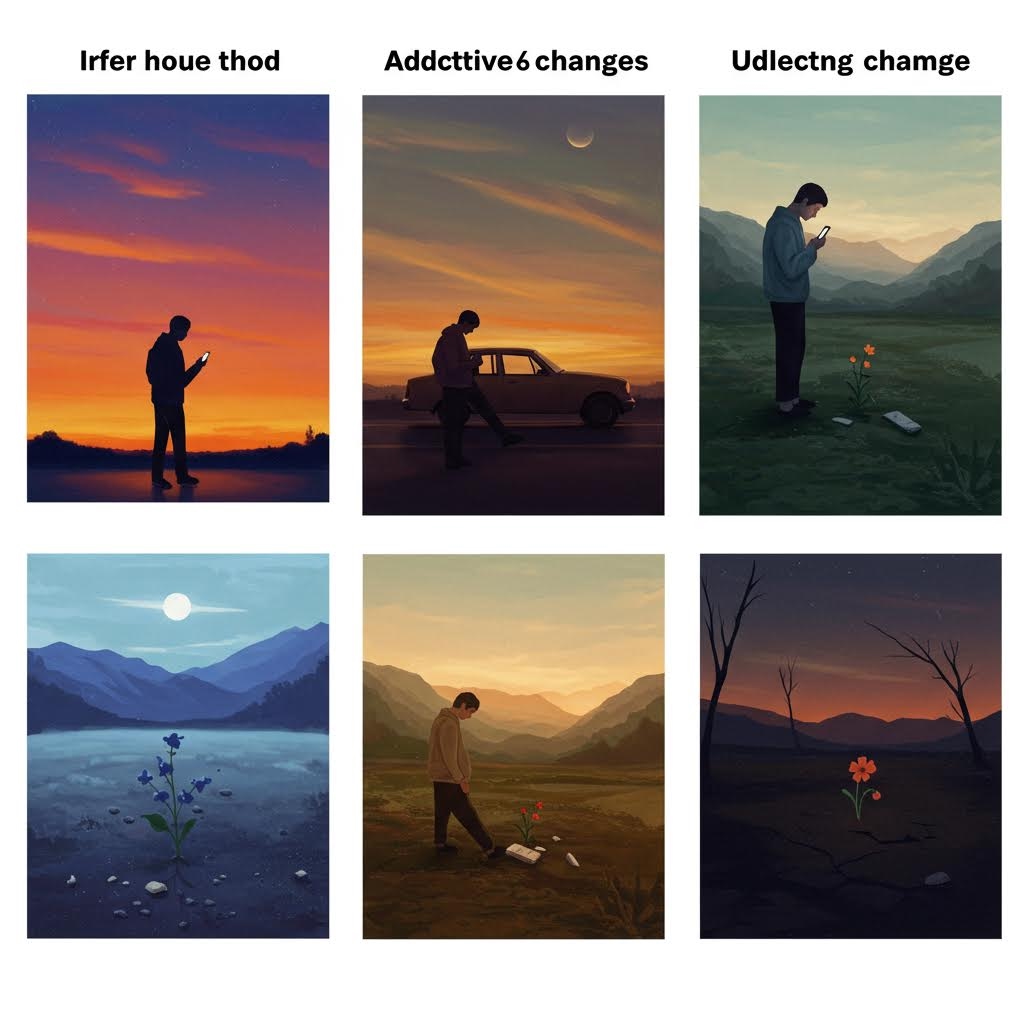 해가 지는 풍경 속에서 점차 고립되고 변화하는 인물이 중독의 흐름을 상징적으로 보여주는 여섯 장면의 배열