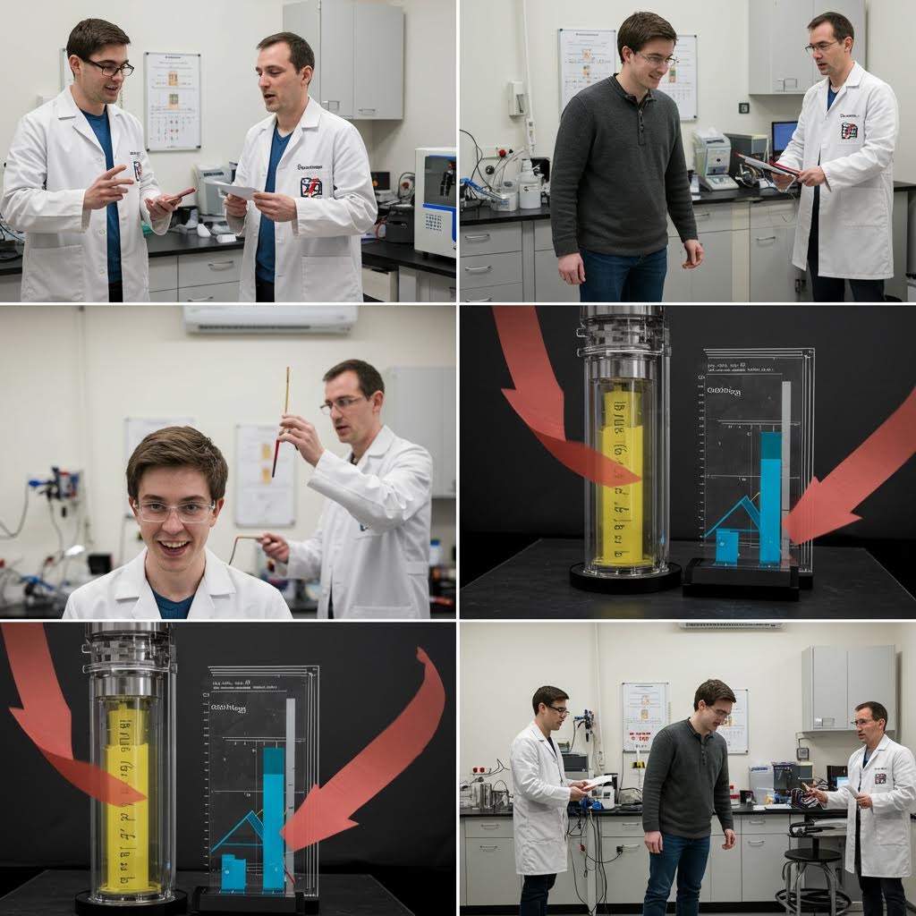 연구자가 실험 장치를 설명하고 참가자가 반응하는 모습과 함께 수치 변화가 표시된 실린더형 장비가 단계적으로 제시되는 구성