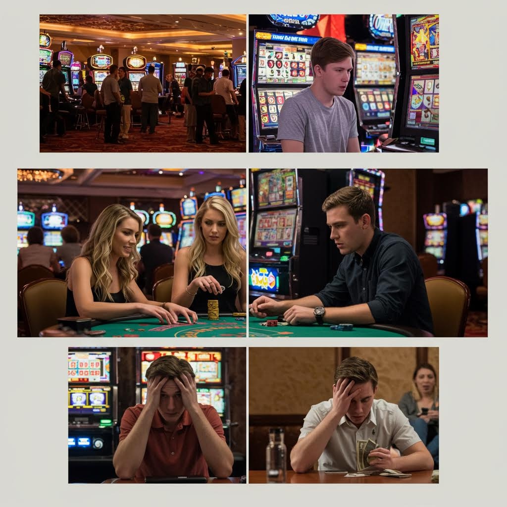 슬롯머신과 테이블 앞에서 집중하거나 고민하는 사람들의 표정 변화가 카지노 배경과 함께 이어지는 장면