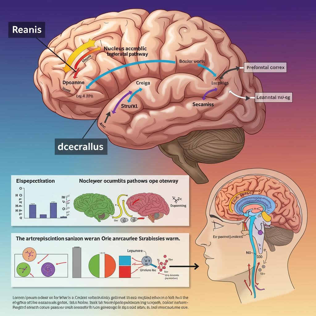 뇌 보상 경로와 신경 전달 과정이 단계별로 표시된 도해가 중독 형성 원리를 설명하는 구조