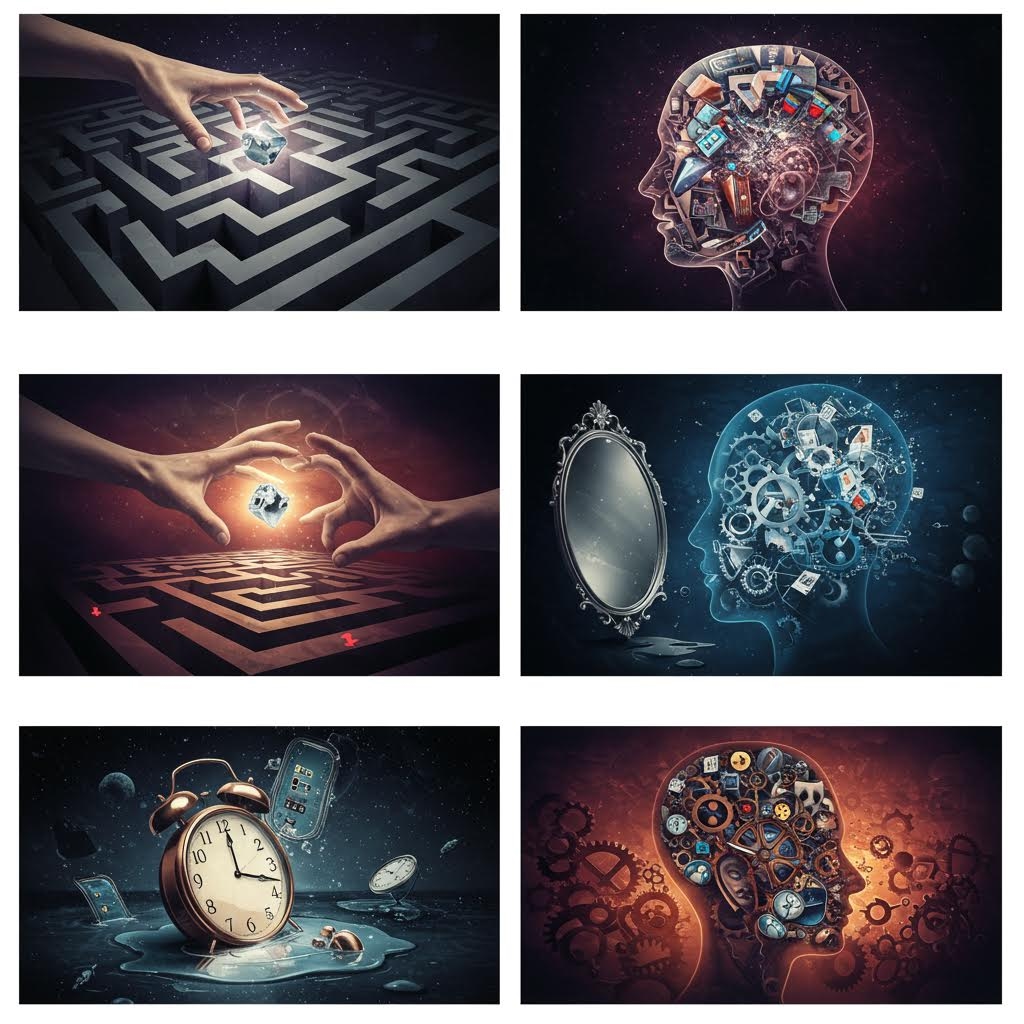 미로와 손길, 복잡한 기계 장치로 구성된 두뇌 구조, 시간성과 내적 흐름을 상징하는 장면들이 여섯 개의 이미지로 배열된 구성