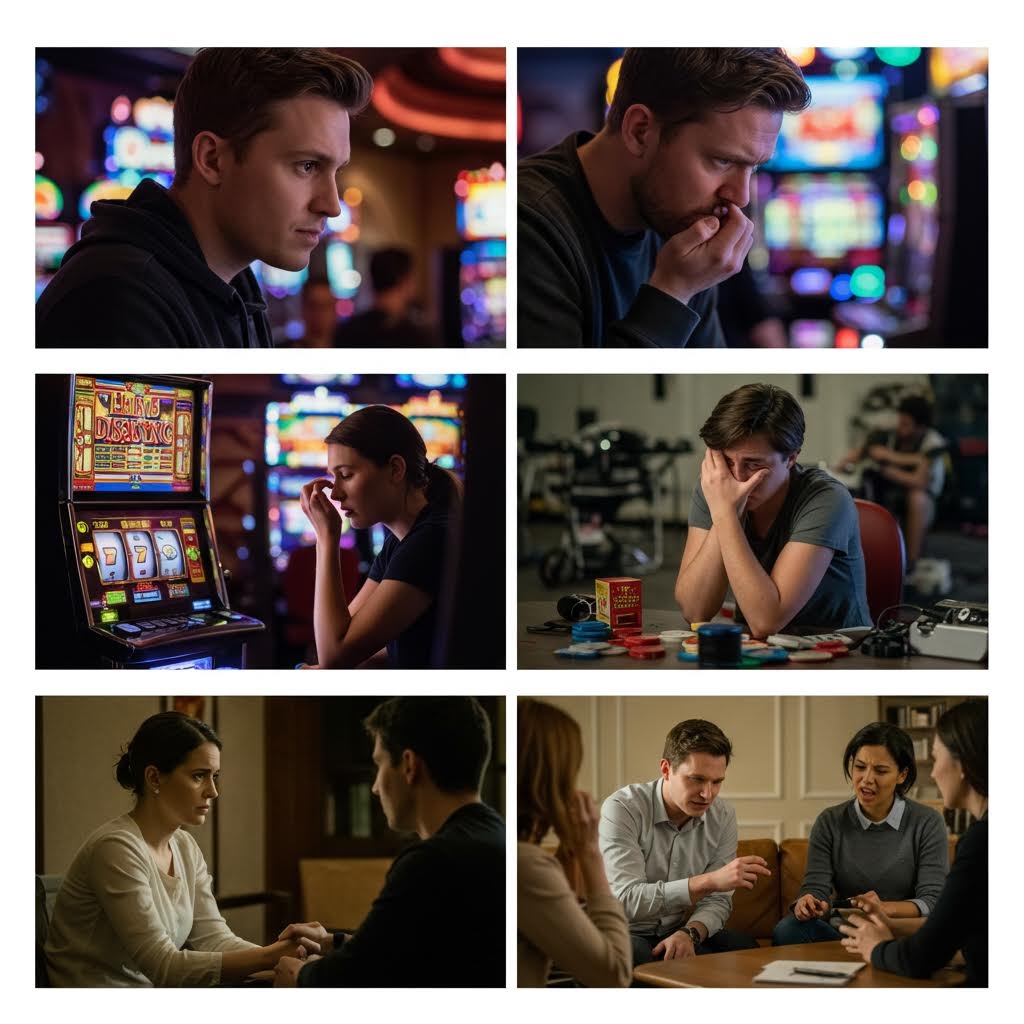 슬롯머신 앞에서 고민하거나 후회하는 사람들과 테이블에서 좌절하는 모습, 그리고 상담을 통해 대화를 나누는 과정이 이어지는 구성