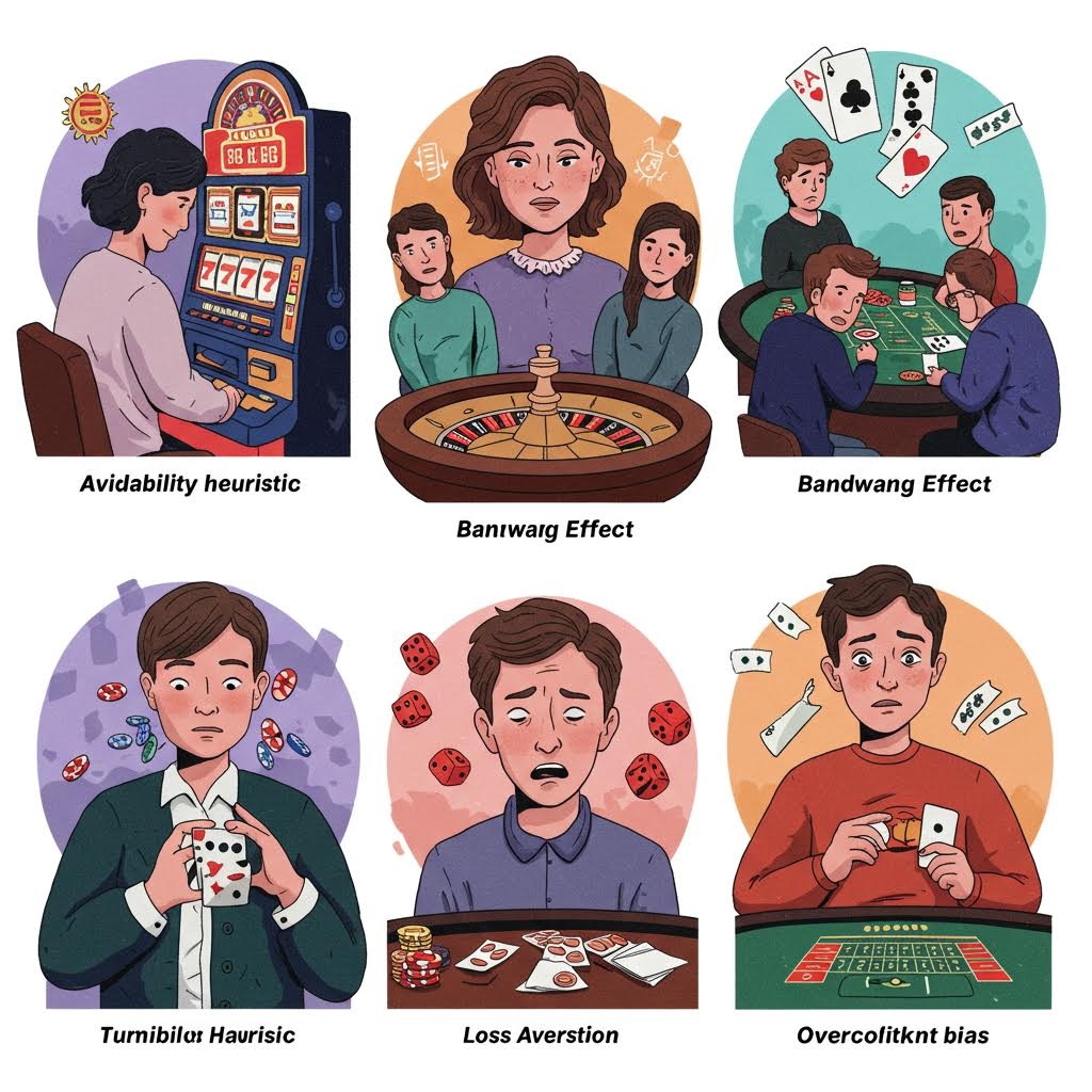 슬롯머신과 테이블 게임 앞에서 다양한 심리적 편향을 겪는 사람들이 각각의 상황과 반응을 상징적으로 표현한 장면