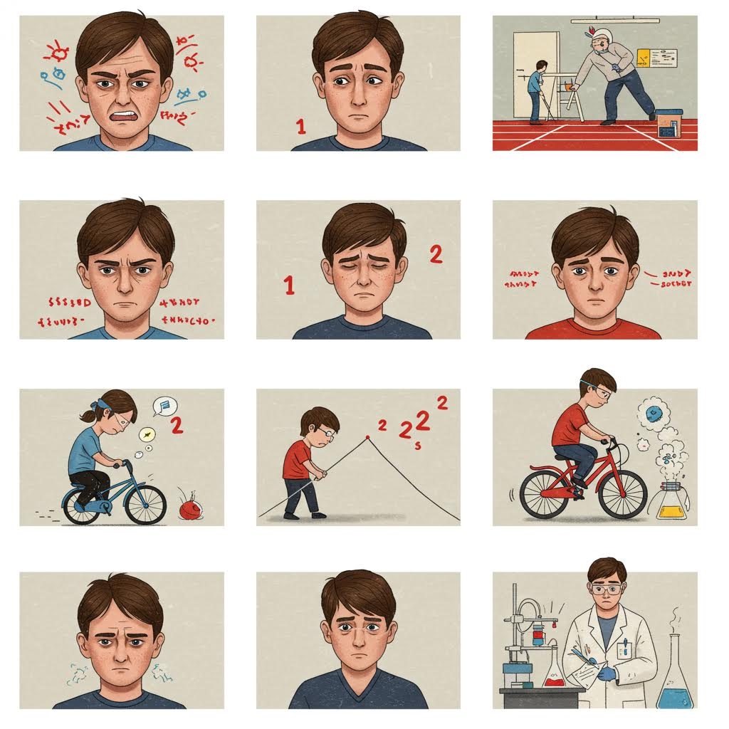 소년의 복잡한 감정, 시도와 실패, 반복 학습 과정을 순차적으로 표현하며 마지막에 과학자가 등장하는 흐름의 장면
