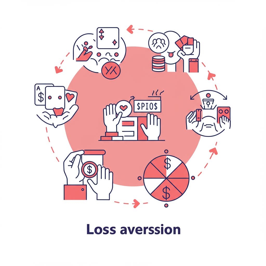 손실회피와 매몰비용 오류, 도박사의 착각이 연결된 구조를 상징적으로 표현한 심리 메커니즘 도식의 모습