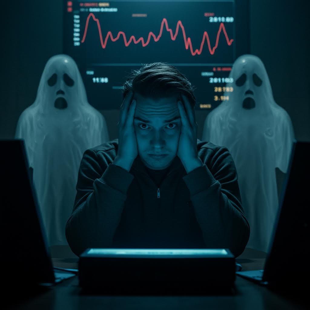 불안한 표정의 베터가 흔들리는 배당 화면 앞에서 손실 두려움과 충동을 상징하는 그림자에 둘러싸인 모습