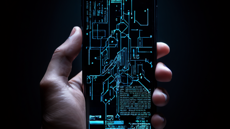 깨진 스마트폰 화면 너머로 취약한 코드가 드러나고, 해커가 원격으로 기기를 조작하여 데이터를 탈취하는 모바일 보안 침해 사고의 위험성을 보여주는 이미지.