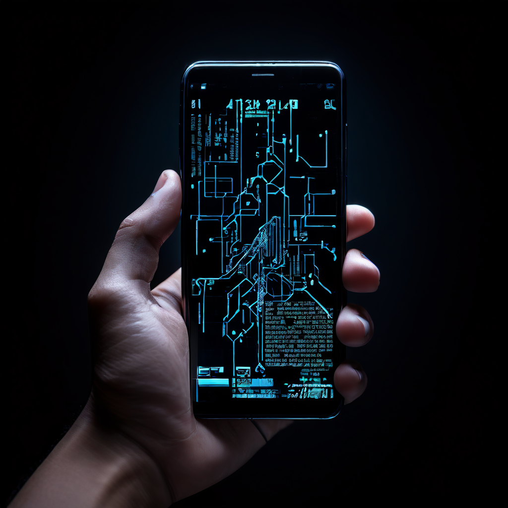 깨진 스마트폰 화면 너머로 취약한 코드가 드러나고, 해커가 원격으로 기기를 조작하여 데이터를 탈취하는 모바일 보안 침해 사고의 위험성을 보여주는 이미지.