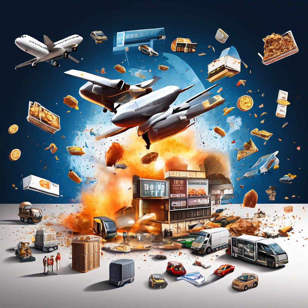 온라인 쇼핑과 배송 드론의 공세로 계획 소비가 무너지는 모습을 보여주는 이미지.