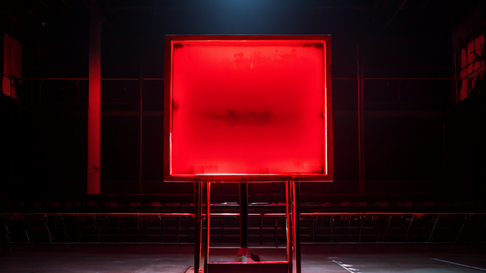 텅 빈 행사장에 놓인 경고 표지판이 단순한 취소가 아닌 심각한 위기를 암시하는 이미지.