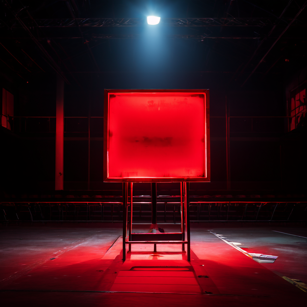 텅 빈 행사장에 놓인 경고 표지판이 단순한 취소가 아닌 심각한 위기를 암시하는 이미지.