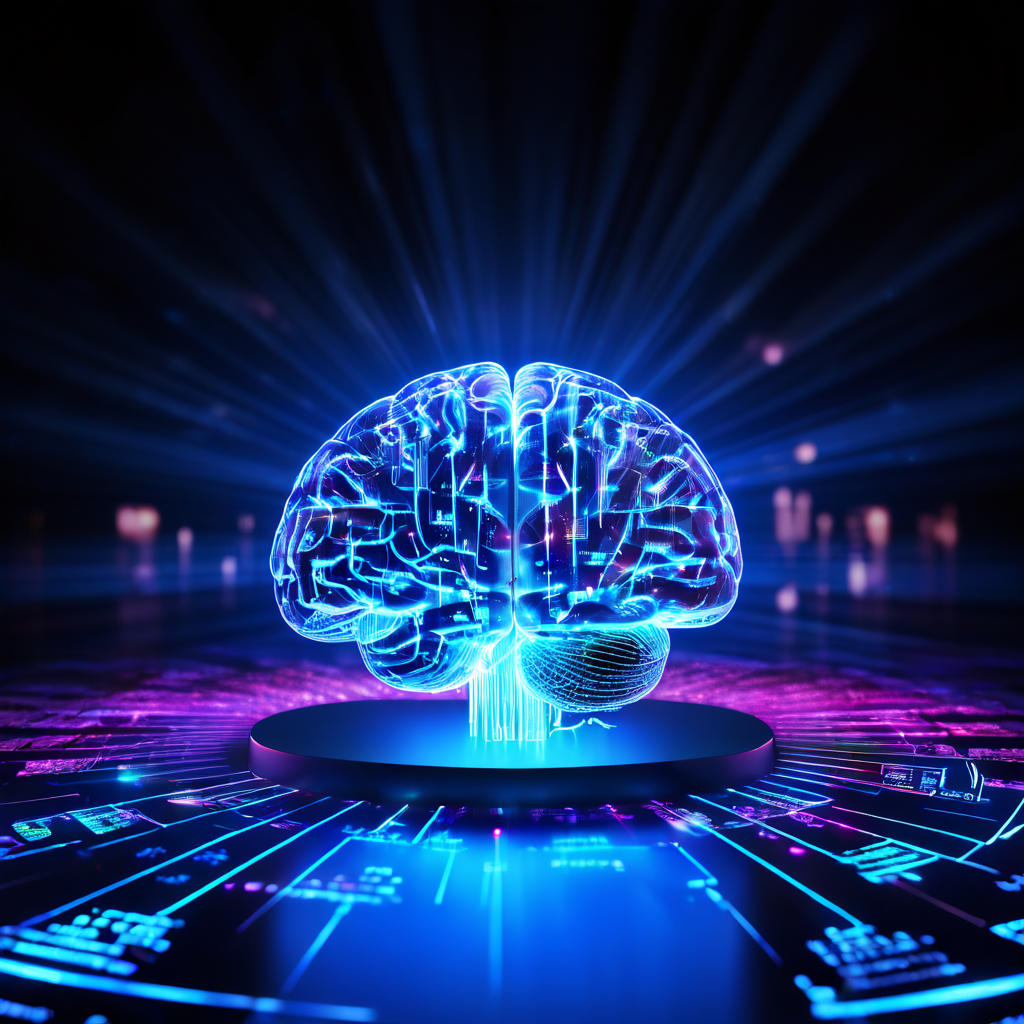 인공지능 알고리즘이 디지털 뇌 형태로 데이터를 분석하고, 홀로그램 스크린에 핵심 지표와 변수를 시각화하여 정보 처리 과정에 집중하는 모습을 보여주는 이미지.