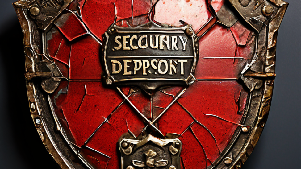 위험'이라는 화살이 '보증금'이라고 적힌 금이 간 방패를 꿰뚫으며, 보증금 제도가 100% 안전한 보호 장치가 아니라는 취약성을 상징적으로 보여주는 이미지.