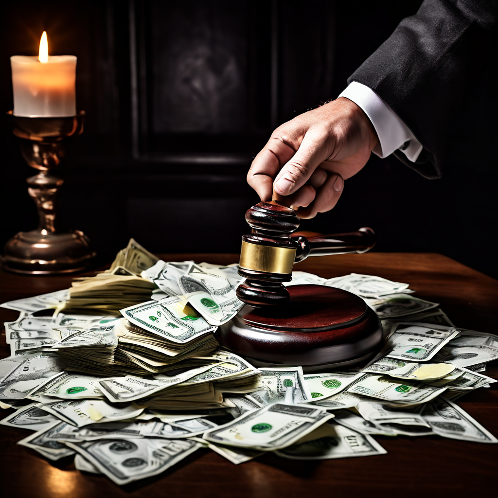 법률 계약서의 '전액 몰수' 조항에 의사봉이 내려쳐지고, 투자 원금과 수익금 전체를 강제로 압수당하는 상황을 상징적으로 보여주는 이미지.