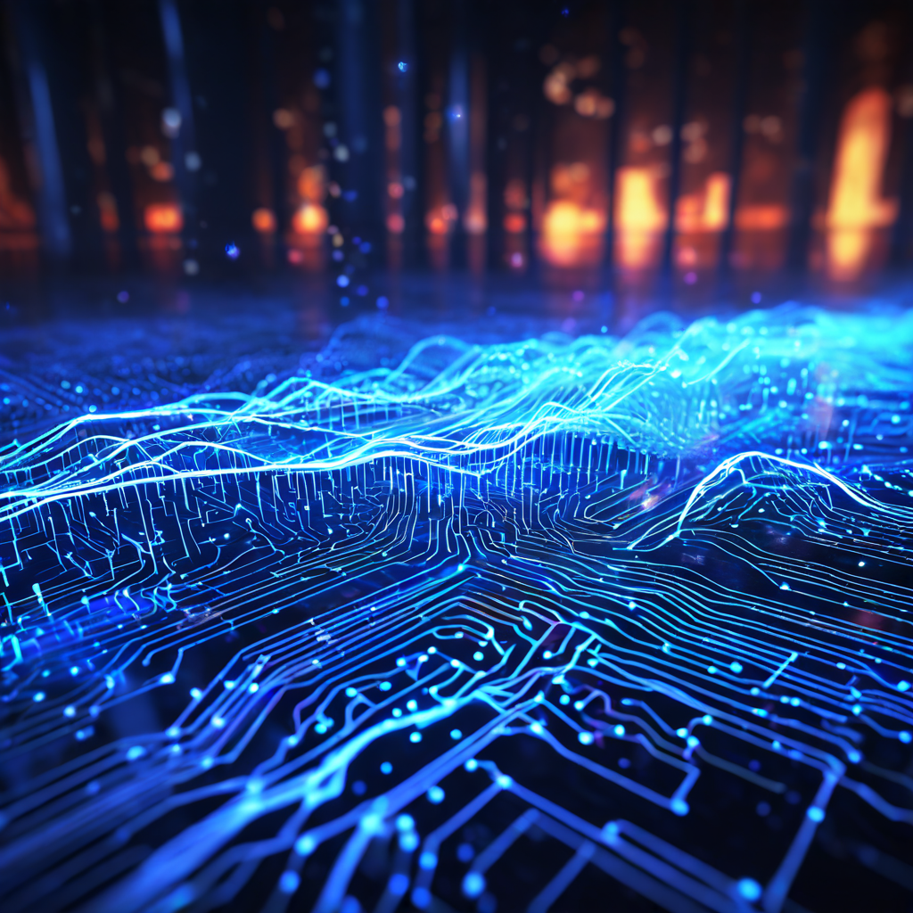 인공지능 신경망이 복잡하게 연결된 데이터 흐름 속에서 사용자 행동 패턴을 분석하고 비즈니스 성장을 위한 핵심 인사이트를 도출하는 과정을 보여주는 이미지.