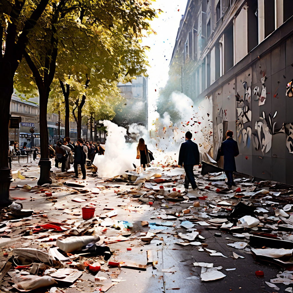 고요하고 깨끗한 공공장소에서 쓰레기를 무단 투기하고 고성방가와 기물 파손을 일삼으며 공중도덕과 기초질서를 해치는 사람들의 행동을 보여주는 이미지.