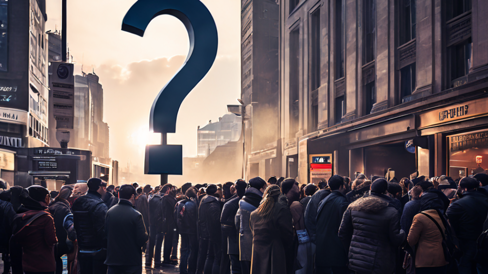 환전소에서 길게 줄 선 사람들과 지연의 원인을 묻는 물음표를 보여주는 이미지.